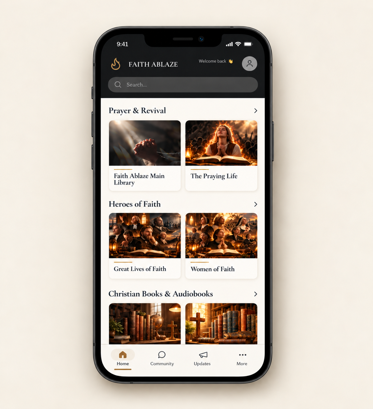 Faith Ablaze App home screen on a smartphone, showing the Faith Ablaze branding, search, library categories, featured publications, and bottom navigation